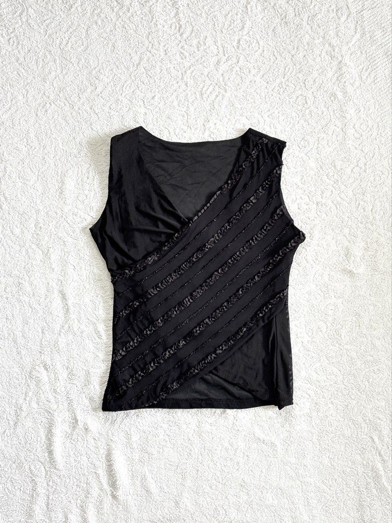 Black Mesh Sleeveless Top with Diagonal Ruffle Details (Category: Sleeveless) located in Butuan. Submitted by saloreia (Listing ID 1469296152, Image 1). Description: ── ⟡ ˙💌 ̟ midnight embellished top ‧₊˚ ⋅ a sleek black silhouette with diagonal beaded details ‧₊˚ ⋅ ┆ ⤿ brand : none ┆ ⤿ size : XS–S (stretchable) 🪷 condition .ᐟ: check comment for issue.
