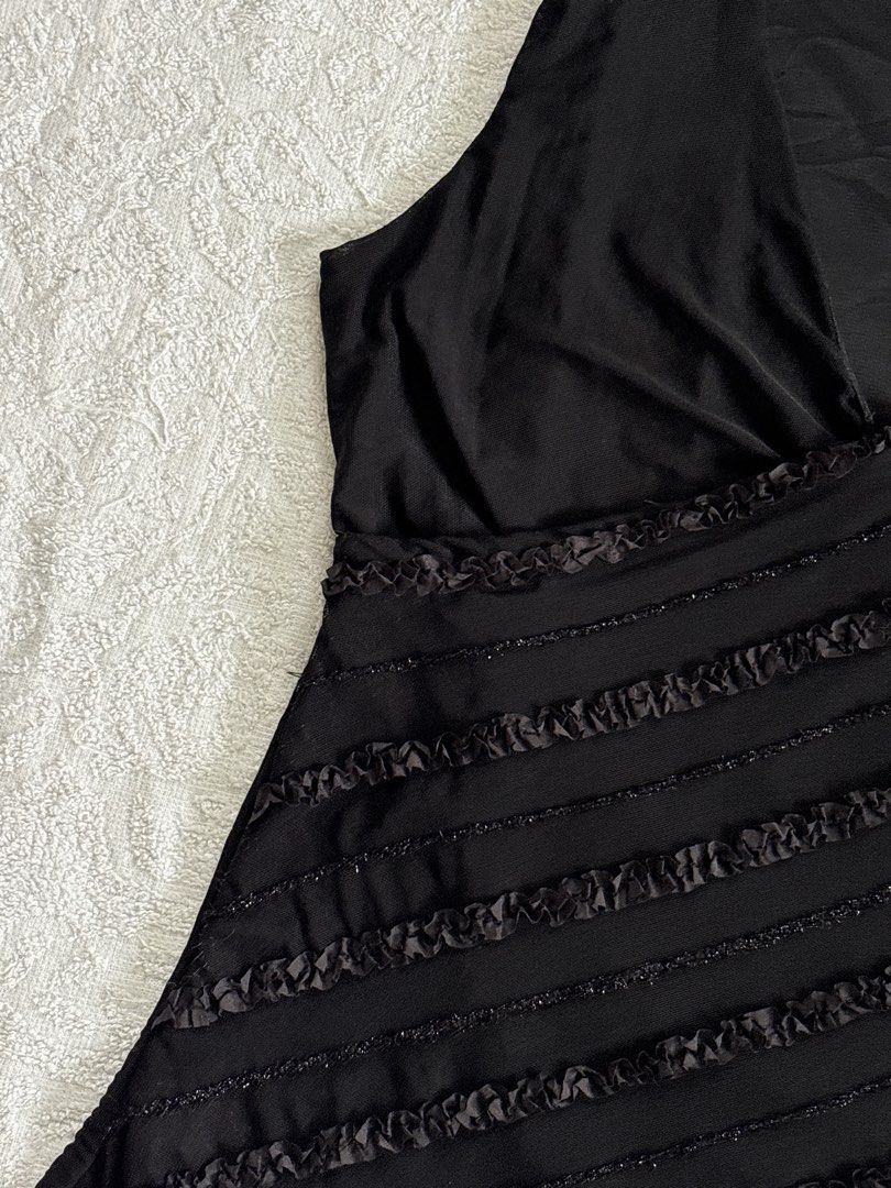 Black Mesh Sleeveless Top with Diagonal Ruffle Details (Category: Sleeveless) located in Butuan. Submitted by saloreia (Listing ID 1469296152, Image 3). Description: ── ⟡ ˙💌 ̟ midnight embellished top ‧₊˚ ⋅ a sleek black silhouette with diagonal beaded details ‧₊˚ ⋅ ┆ ⤿ brand : none ┆ ⤿ size : XS–S (stretchable) 🪷 condition .ᐟ: check comment for issue.