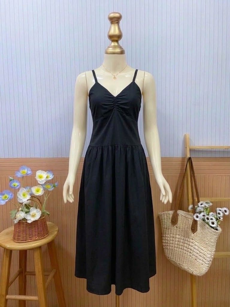 Black Ruched V-Neck Spaghetti Strap A-Line Sundress (Category: Dresses) located in Roxas City. Submitted by blairnstyle (Listing ID 1469183599, Image 1). Description: ​Color: Black ​Length: Midi / Below-the-knee length ​Neckline: V-neckline with center front ruching / gathers at the bust ​Straps: Thin shoulder straps ​Bodice & Fit: Fitted bust with a clean empire/waistline seam transitioning into a relaxed skirt ​Skirt: Flowy, gathered A-line ski