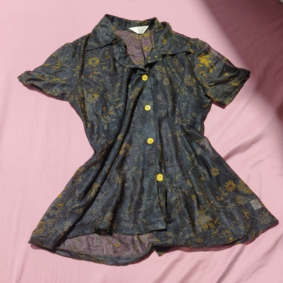 black sheer blouse | elegant classy (Category: Blouses) located in Rizal. Submitted by irea_aeri (Listing ID 1469356533, Image 1). Description: size: s color: black features: gold sparkly floral pattern on sheet fabric .