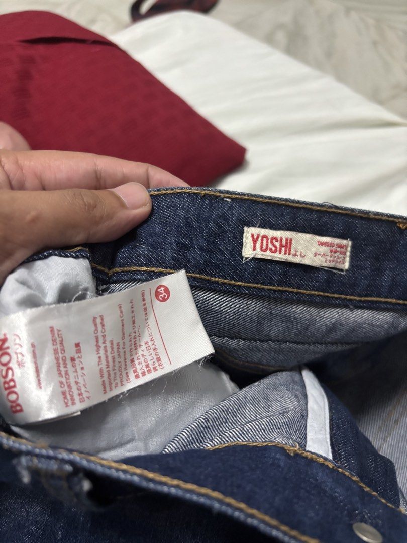 Bobson Yoshi Shorts Size 34 (Category: Jeans) located in Caloocan City. Submitted by sarahastrid (Listing ID 1469284186, Image 2). Description: - Brand: Bobson Yoshi - Size: 34 - Color: Dark wash blue - Fit: Tapered smart fit with mid rise - Material: Premium Japanese denim - Details: Leather back patch, contrast stitching, and signature red tag on back pocket - Condition: Clean, no flaws observed.