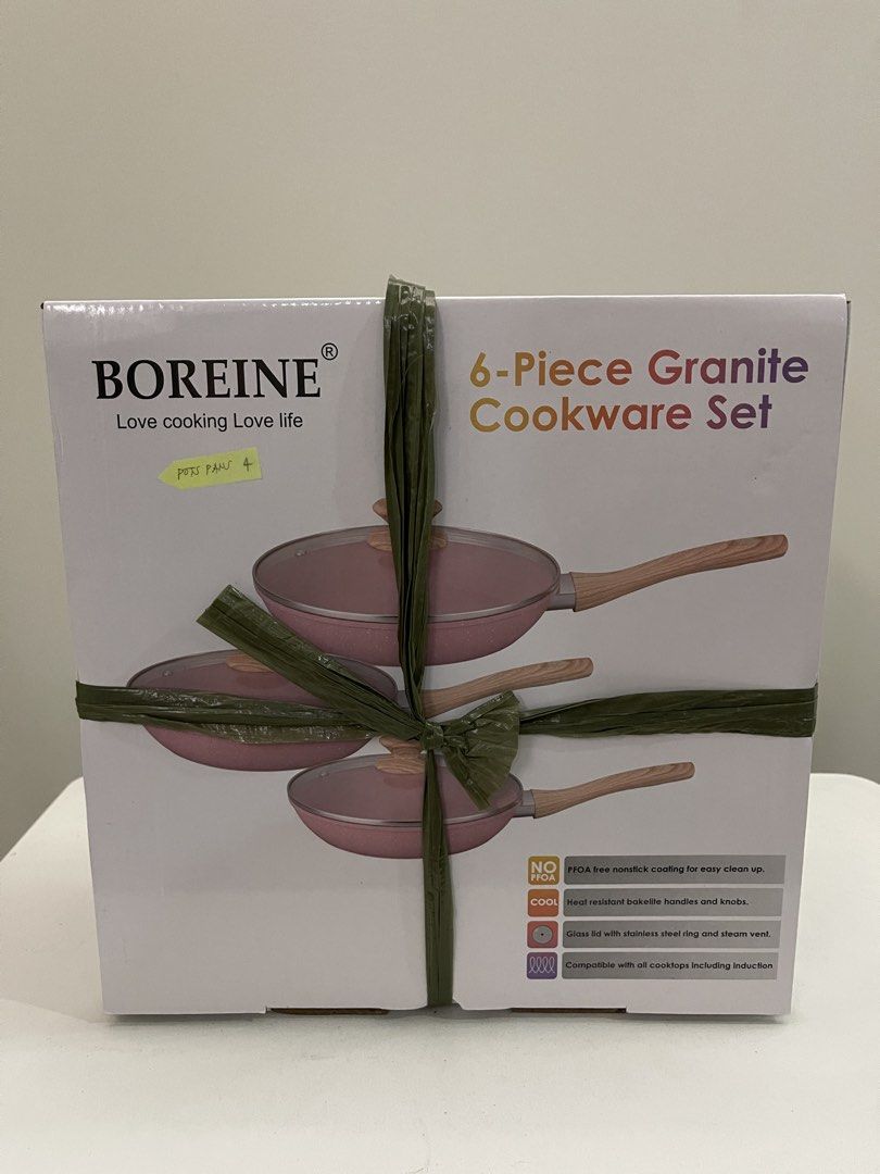 Boreine 6-Piece Granite Cookware Set (Category: Cookware & Accessories) located in Quezon City. Submitted by bravehorse_f1f6d5 (Listing ID 1469281435, Image 1). Description: - 6-piece granite cookware set in a charming pink color with stylish wood-grain handles - Includes essential pots and pans complete with glass lids - Safe and healthy PFOA-free nonstick coating for easy cooking and cleaning - Compatible with all stovetops, including induction