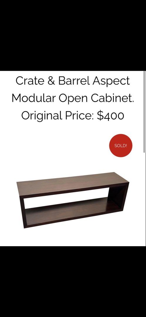BRANDED Crate & Barrel Aspect Modular Open Cabinet (Category: Shelves, Cabinets & Racks) located in Paranaque City. Submitted by richieboyriceboy (Listing ID 1469305627, Image 1). Description: - Brand: Crate & Barrel Aspect - Type: Modular open cabinet / TV stand / media console - Finish: Dark wood - Design: Clean rectangular shape with ample open shelving for electronics, books, and decor - Condition/Build: Sturdy construction, easily supports m
