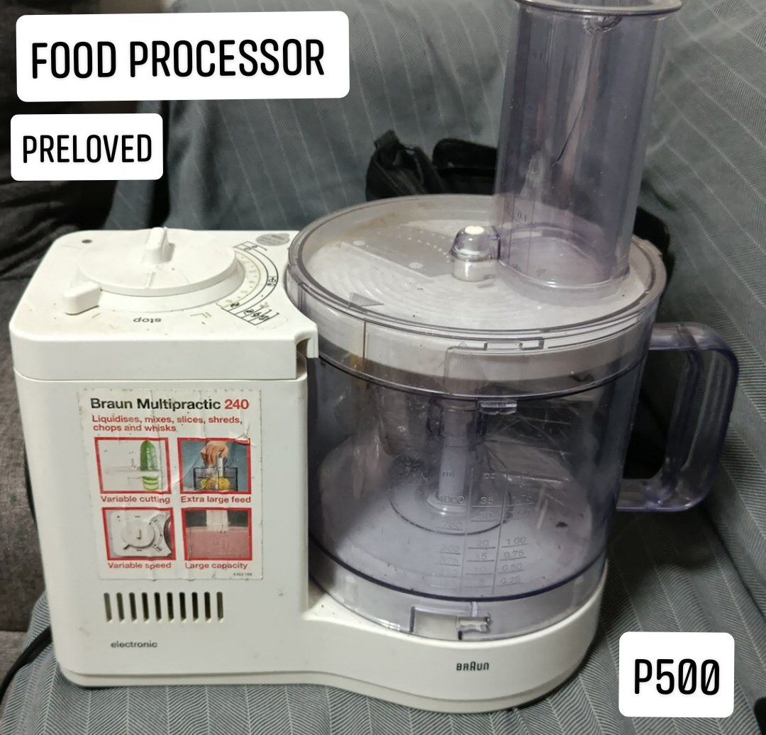 Braun Multipractic 240 Electronic Food Processor (Category: Juicers, Blenders & Grinders) located in Quezon City. Submitted by robelles_thriftshop (Listing ID 1469372847, Image 1). Description: - Brand/Model: Braun Multipractic 240 Electronic Food Processor - Color: White and clear plastic - Functions: Liquidises, mixes, slices, shreds, chops, and whisks - Features: Variable cutting and speed settings with a top-mounted speed dial, large capacity