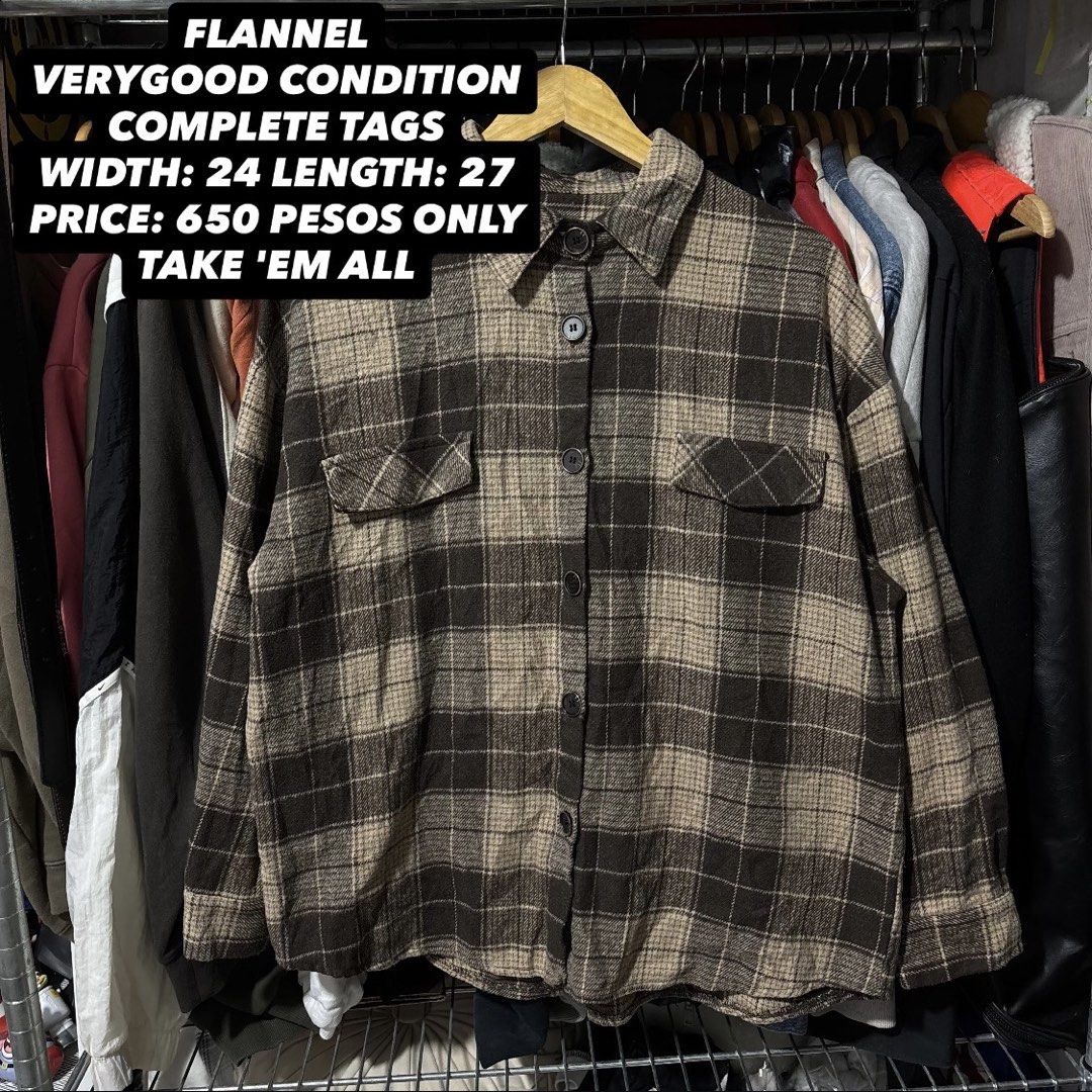 Brown Plaid Flannel Shirt Oversized Width 24 Length 27 (Category: Coats, Jackets and Outerwear) located in Caloocan City. Submitted by bonsatocha43876 (Listing ID 1469322112, Image 1). Description: - Color/Pattern: Brown and beige plaid - Style: Button-up flannel shirt with dual chest pockets - Size: 24" width x 27" length - Condition: Very good overall, clean fabric, complete tags attached - Status: Ready to wear.