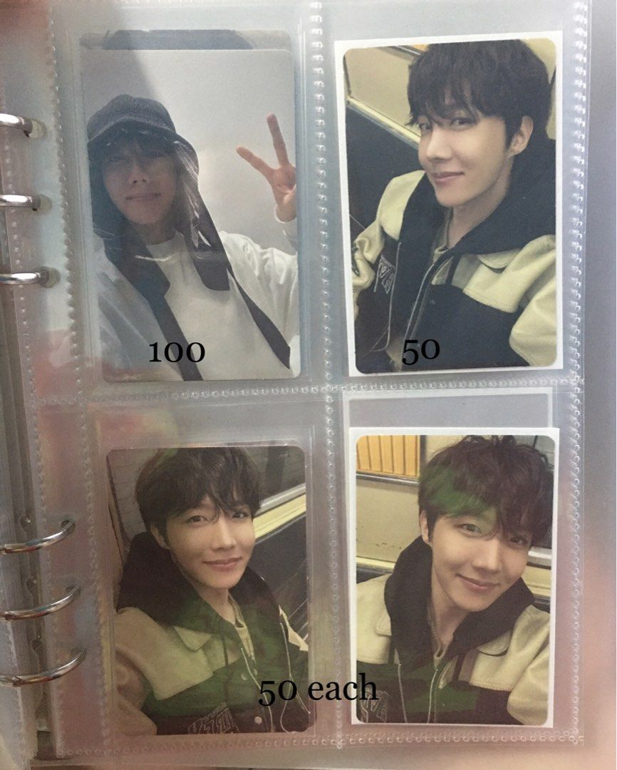 BTS J-Hope Jack in the Box Photocards (Category: K-Wave Merchandise) located in Cavite. Submitted by winterbear20 (Listing ID 1469239292, Image 1). Description: - Official J-Hope PC - Price: ₱50 to ₱120 per item or set - Message for specific card availability and bundles.