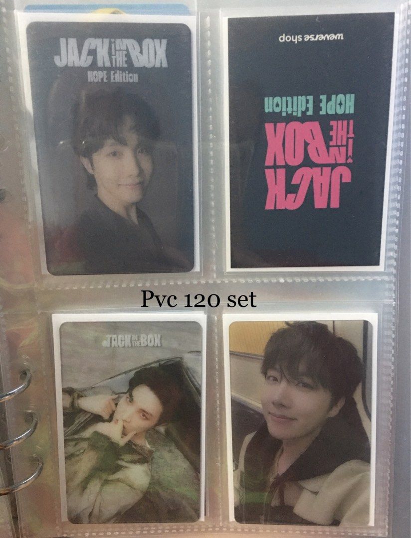 BTS J-Hope Jack in the Box Photocards (Category: K-Wave Merchandise) located in Cavite. Submitted by winterbear20 (Listing ID 1469239292, Image 3). Description: - Official J-Hope PC - Price: ₱50 to ₱120 per item or set - Message for specific card availability and bundles.