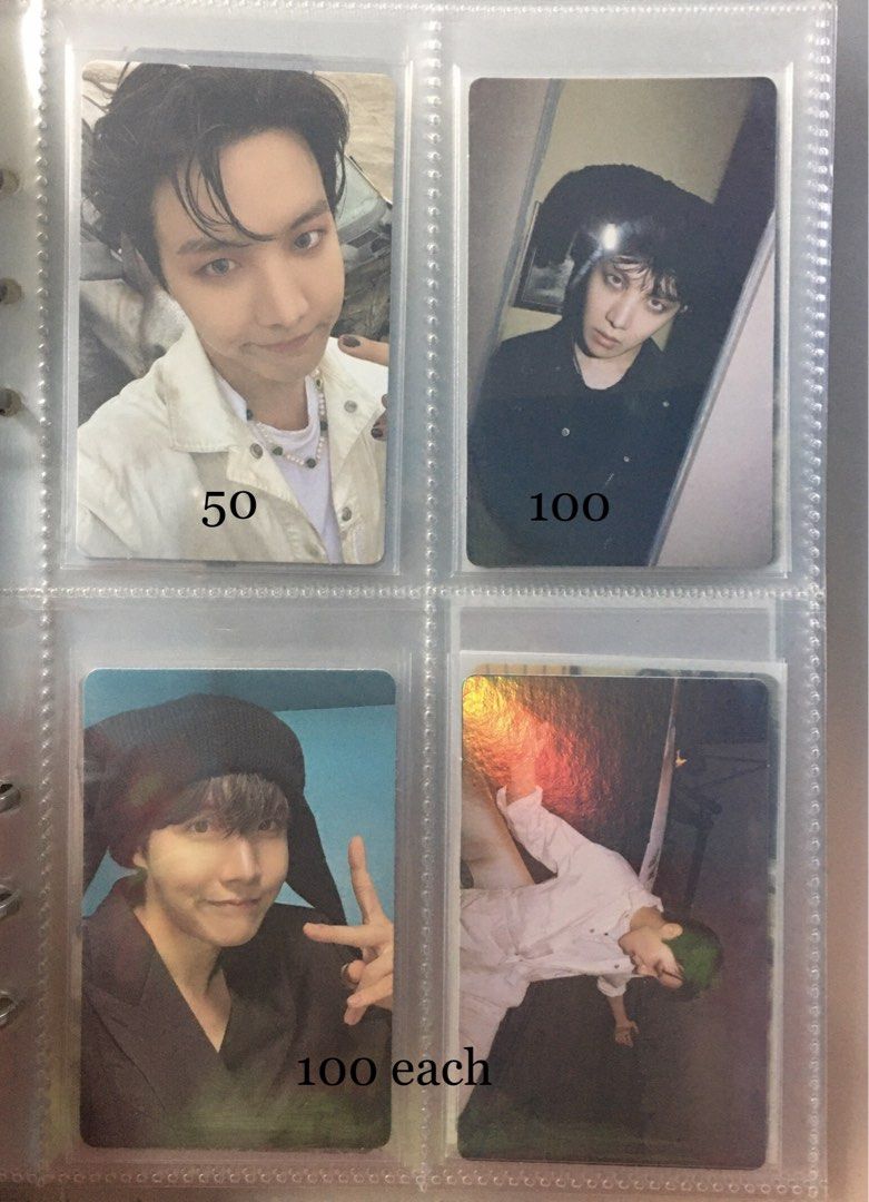 BTS J-Hope Jack in the Box Photocards (Category: K-Wave Merchandise) located in Cavite. Submitted by winterbear20 (Listing ID 1469239292, Image 2). Description: - Official J-Hope PC - Price: ₱50 to ₱120 per item or set - Message for specific card availability and bundles.