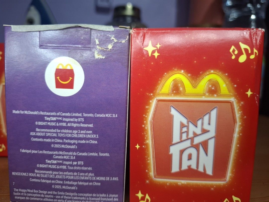 BTS MCDO HAPPY MEAL FIGURINES (Category: Figurines & Statues) located in Makati City. Submitted by atheaestel68150 (Listing ID 1469184292, Image 3). Description: Box is dented (see pictures) but the figurine itself is in good condition. bought from Canada MCDO. selling price is 75 each but can sell as a set for 350 (priority)..