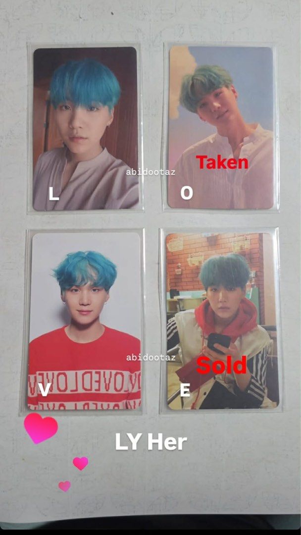 BTS SUGA LY Love Yourself Her Photocards PC L O V E (Category: K-Wave Merchandise) located in Pasig City. Submitted by abibee (Listing ID 1469182721, Image 1). Description: BTS SUGA Yoongi photocards Love Yourself Her PCs Available versions: L 350 and V 375 (O and E are already sold out) On hand.