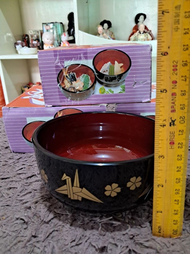 Bundle bento bowl (Category: Food Organization & Storage) located in Cavite. Submitted by secretjapansurplus (Listing ID 1469227932, Image 1). Description: Bring an authentic touch of Japan to your dining table with these elegant, traditional-style soup bowls. Featuring a classic glossy black exterior adorned with beautiful gold origami cranes and cherry blossoms, paired with a vibrant rich red interior, these bowls are both functional and highly