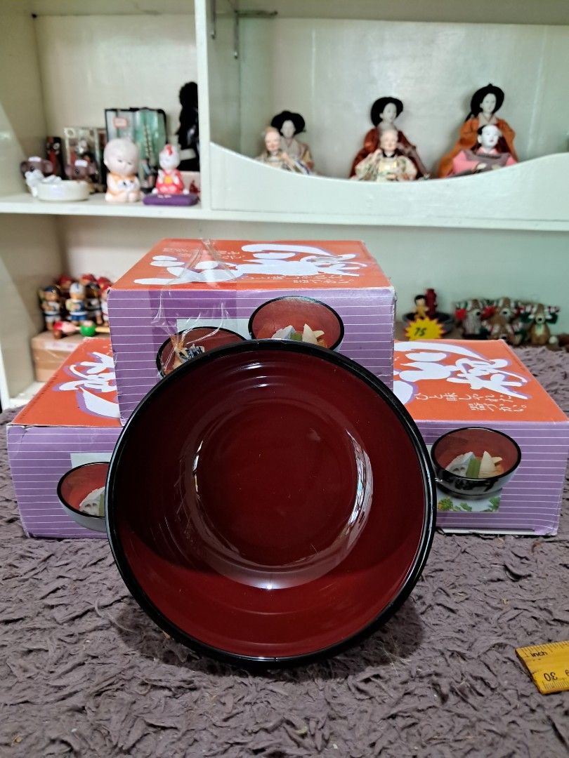 Bundle bento bowl (Category: Food Organization & Storage) located in Cavite. Submitted by secretjapansurplus (Listing ID 1469227932, Image 3). Description: Bring an authentic touch of Japan to your dining table with these elegant, traditional-style soup bowls. Featuring a classic glossy black exterior adorned with beautiful gold origami cranes and cherry blossoms, paired with a vibrant rich red interior, these bowls are both functional and highly