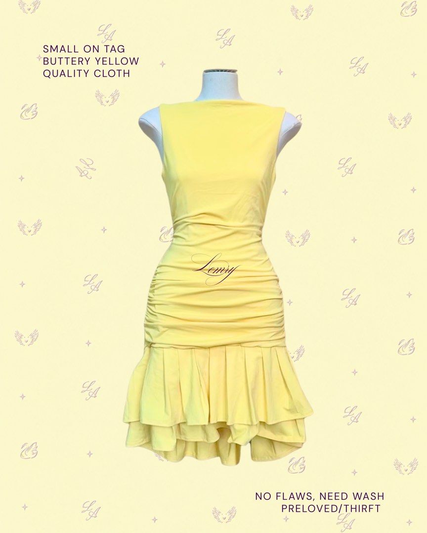 buttery yellow ruched dress (Category: Dresses) located in Baguio. Submitted by boughtoomuch (Listing ID 1469335487, Image 1). Description: - Color: Buttery yellow - Size: Small - Material: Quality cloth - Design: Fitted ruched body with a layered ruffled hemline - Condition: Preloved thrift find with no flaws (needs a quick wash before wearing).
