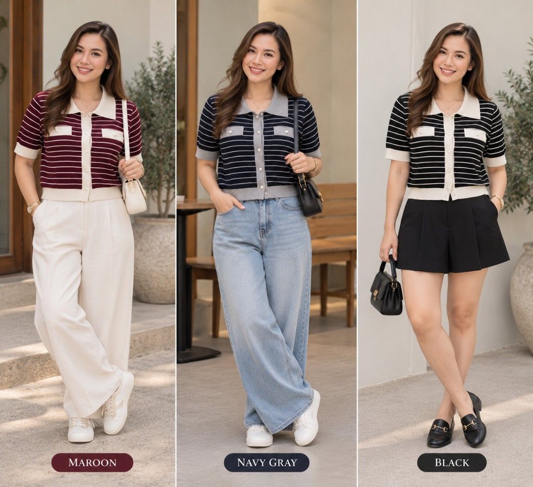 Button Down Collar Stripes Knitted Top (Category: Blouses) located in Pasig City. Submitted by purpleglitters (Listing ID 1469205615, Image 2). Description: bnew knitted s-xl colors available: maroon, navy gray, black.