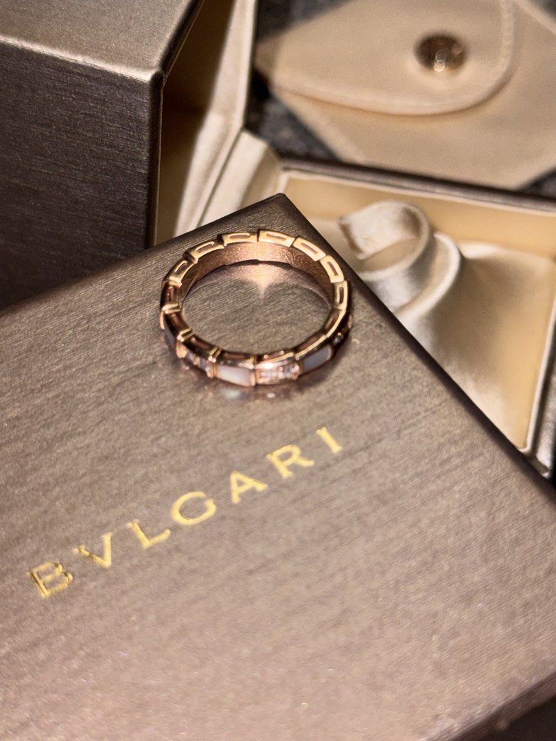 BVLGARI Serpenti Ring (Category: Luxury Accessories) located in Manila. Submitted by chags_9292 (Listing ID 1469321832, Image 3). Description: BVLGARI SERPENTI VIPER RING | 18K ROSE GOLD, MOTHER-OF-PEARL & DIAMONDS A timeless statement of elegance and sophistication. ✨ Authentic BVLGARI Serpenti Viper Ring in 18K rose gold, featuring white mother-of-pearl elements and pavé-set diamonds. An iconic design that embodies BVLGARI’s signature luxury an