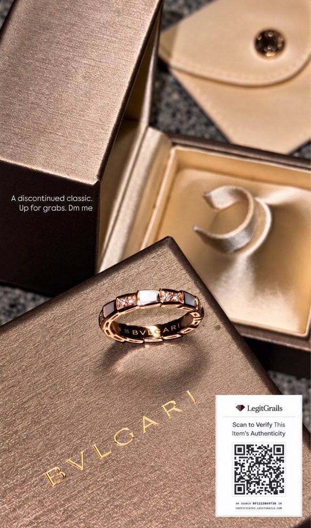 BVLGARI Serpenti Ring (Category: Luxury Accessories) located in Manila. Submitted by chags_9292 (Listing ID 1469321832, Image 1). Description: BVLGARI SERPENTI VIPER RING | 18K ROSE GOLD, MOTHER-OF-PEARL & DIAMONDS A timeless statement of elegance and sophistication. ✨ Authentic BVLGARI Serpenti Viper Ring in 18K rose gold, featuring white mother-of-pearl elements and pavé-set diamonds. An iconic design that embodies BVLGARI’s signature luxury an