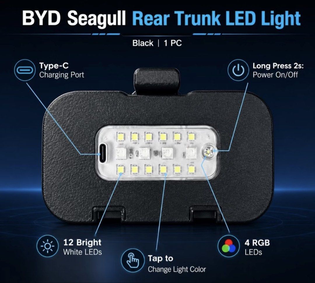 BYD Seagull Rear Trunk Light (Category: Lightings, Horns, and other Electrical Parts and Accessories) located in Angeles City. Submitted by miggyhipolito (Listing ID 1469284267, Image 1). Description: BYD Seagull Rear Trunk Light - automatic open and close (sensor) - bright LED, rechargeable via type C - plug and play very easy to install, no wiring ₱600 Angeles, Pampanga FREE Shipping nationwide via J&T.