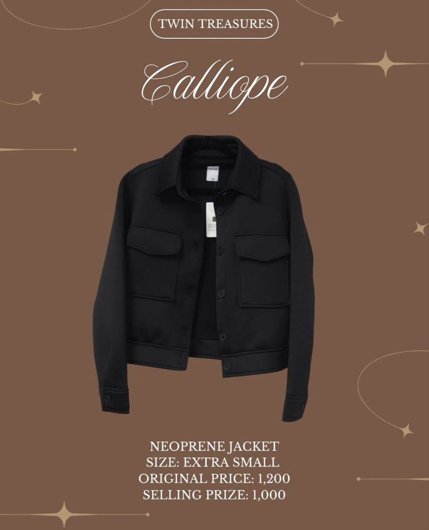 Calliope Neoprene Jacket Black Extra Small (Category: Coats, Jackets and Outerwear) located in Pasig City. Submitted by nadineelja10271 (Listing ID 1469357300, Image 1). Description: - Brand: Calliope (from Twin Treasures) - Condition: Brand new with tags (BNWT) - Size: Extra Small (XS) - Color: Solid Black - Material: Sleek, shape-holding neoprene - Features: Structured design, front chest pockets, button closures - Original Price: ₱1,200 - Grea