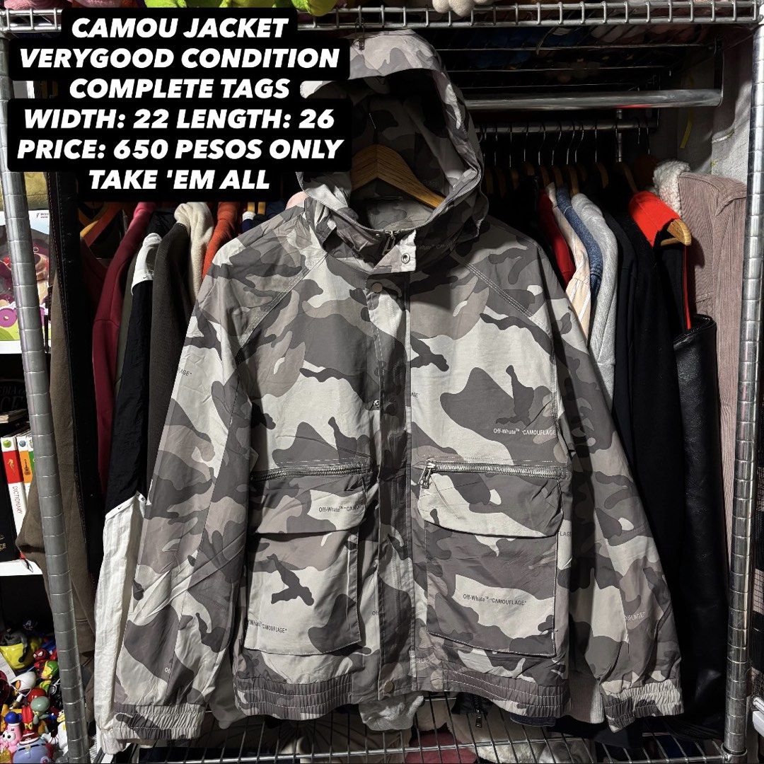 Camou Jacket With Hood And Complete Tags (Category: Coats, Jackets and Outerwear) located in Caloocan City. Submitted by bonsatocha43876 (Listing ID 1469321741, Image 1). Description: - Condition: Brand new with complete tags attached - Design: Stylish grey camouflage pattern - Fit: 22 inches width x 26 inches length - Closure: Full zip and button front closure - Pockets: Two front utility pockets with secure zip closures - Details: Elasticated c