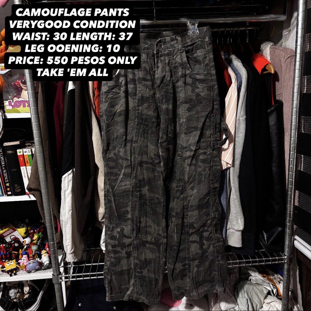 Camouflage Cargo Pants Size 30 (Category: Jeans) located in Caloocan City. Submitted by bonsatocha43876 (Listing ID 1469327278, Image 1). Description: - Style: Dark camo cargo pants with multiple utility pockets - Condition/Quality: Solid stitching and sturdy, durable fabric - Measurements: Waist 30, Length 37, Leg Opening 10 - Versatility: Easy to style with plain tees or hoodies - Hurry: Grab these before they're gone!.