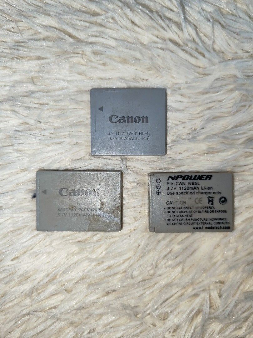 Canon NB-4L and NB5L Camera Batteries (Category: Batteries & Chargers) located in Marikina City. Submitted by seetheandburn (Listing ID 1469384667, Image 1). Description: Canon 1 NB-4L P300 1 NB-5L P250 1 NB-5L REPLACEMENT P200.