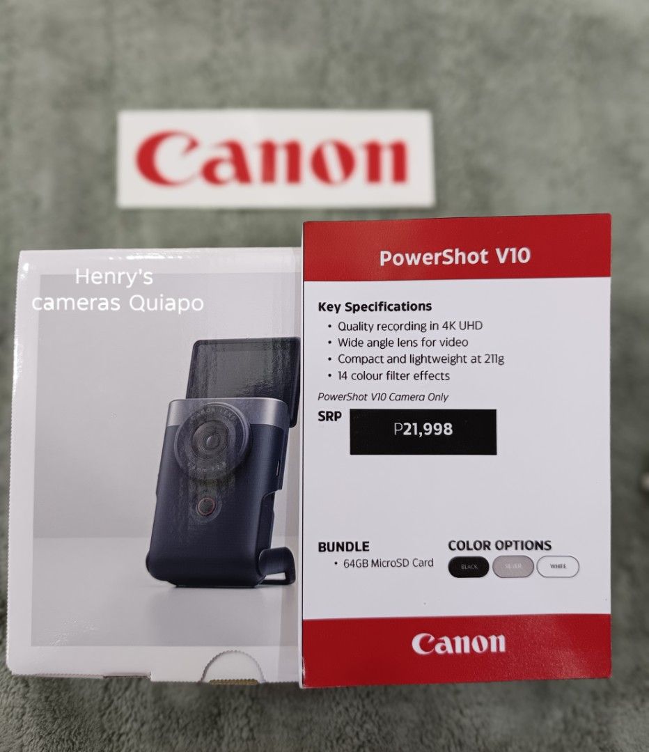 Canon PowerShot V10 White Vlogging Camera (Category: Cameras) located in Paranaque City. Submitted by winard4mentera (Listing ID 1469202841, Image 2). Description: - Model: Canon PowerShot V10 (White) - Ultra-lightweight & compact: Weighs only 211g - Video quality: 4K UHD recording with a wide-angle lens built for vlogging - Convenience: Flip-up screen for easy framing - Audio & Connectivity: Built-in microphone and HDMI ports - Creative control: