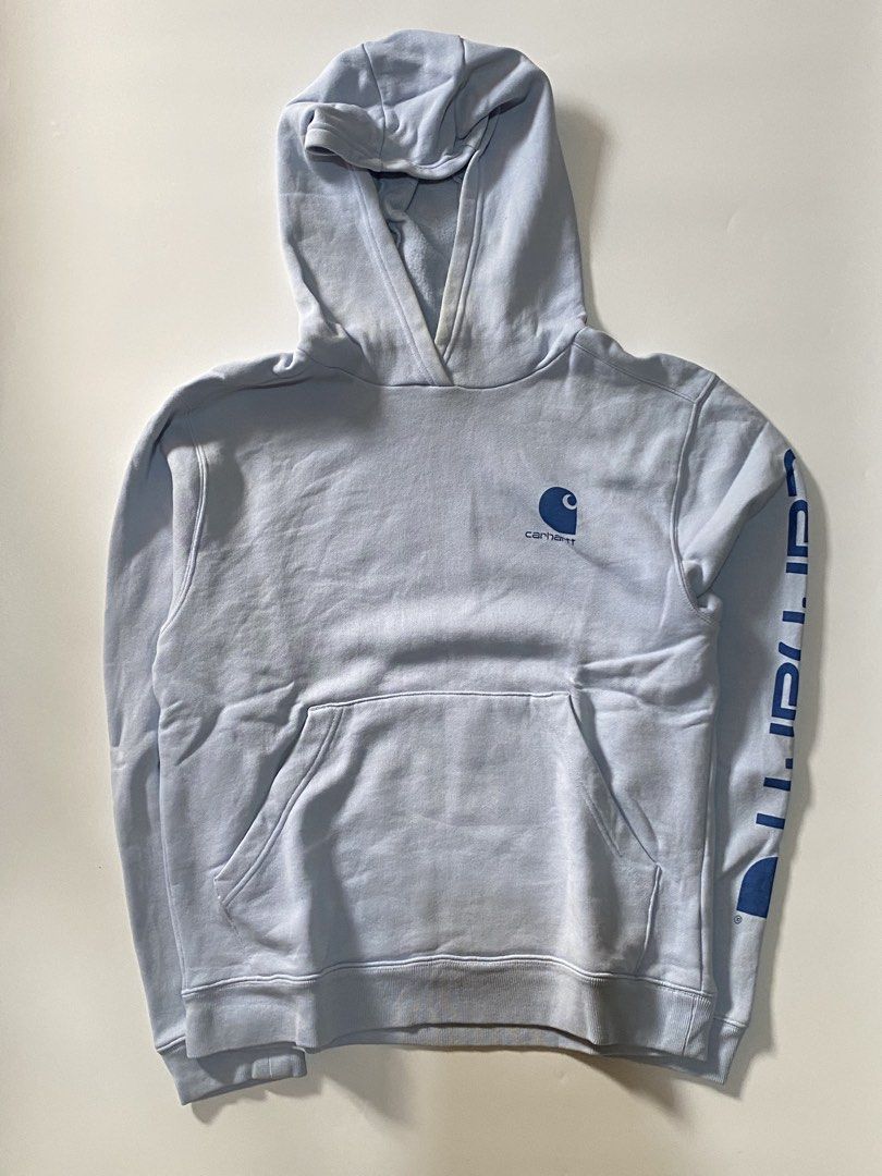Carthartt Sky Blue Script Sleeve Pull Over Hoodie (Category: Coats, Jackets and Outerwear) located in Manila. Submitted by finofindthisart (Listing ID 1469287236, Image 2). Description: Length 24 Width 20 Measured it by inches Issue: N/A This is a pre-loved/thrifted items and may show minor signs of issue due to its vintage nature. Kindly manage expectations. No refunds or exchanges will be accepted. 📍Pasay City DM for inquiries..