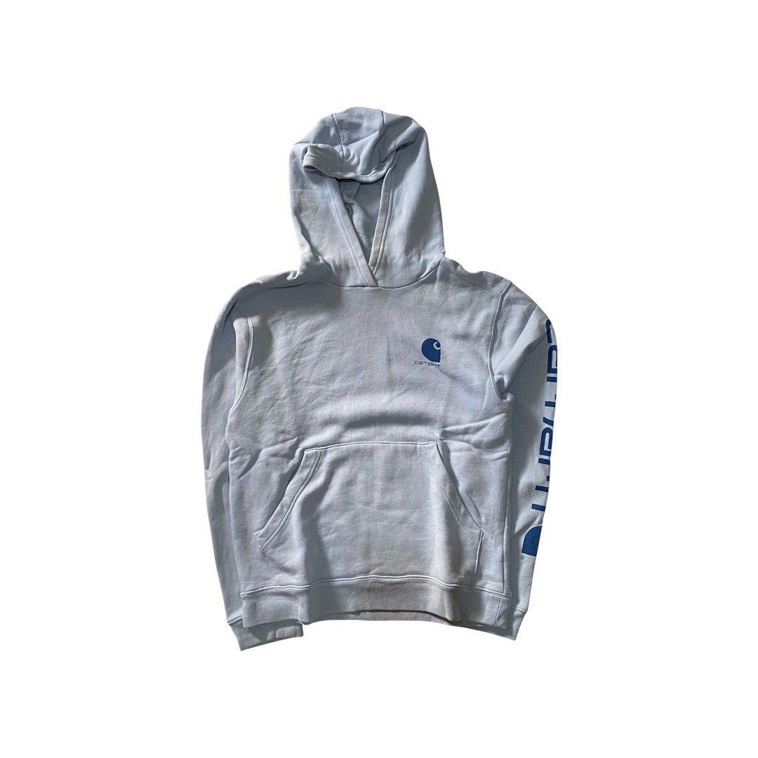 Carthartt Sky Blue Script Sleeve Pull Over Hoodie (Category: Coats, Jackets and Outerwear) located in Manila. Submitted by finofindthisart (Listing ID 1469287236, Image 1). Description: Length 24 Width 20 Measured it by inches Issue: N/A This is a pre-loved/thrifted items and may show minor signs of issue due to its vintage nature. Kindly manage expectations. No refunds or exchanges will be accepted. 📍Pasay City DM for inquiries..