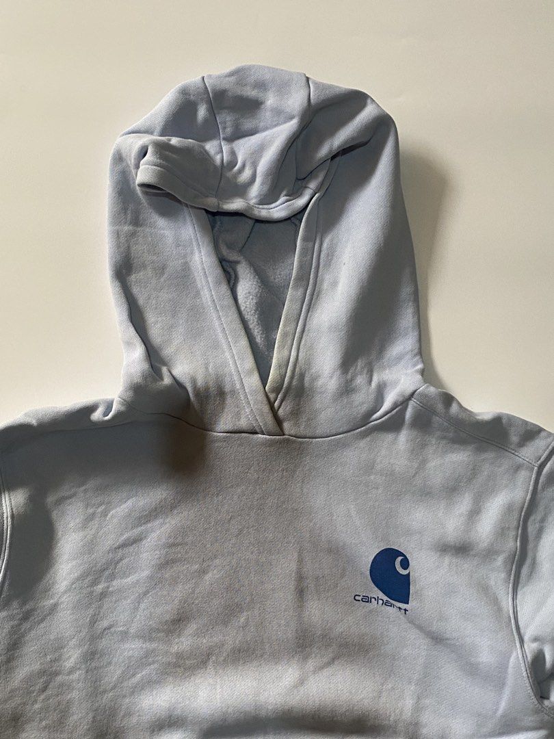 Carthartt Sky Blue Script Sleeve Pull Over Hoodie (Category: Coats, Jackets and Outerwear) located in Manila. Submitted by finofindthisart (Listing ID 1469287236, Image 3). Description: Length 24 Width 20 Measured it by inches Issue: N/A This is a pre-loved/thrifted items and may show minor signs of issue due to its vintage nature. Kindly manage expectations. No refunds or exchanges will be accepted. 📍Pasay City DM for inquiries..