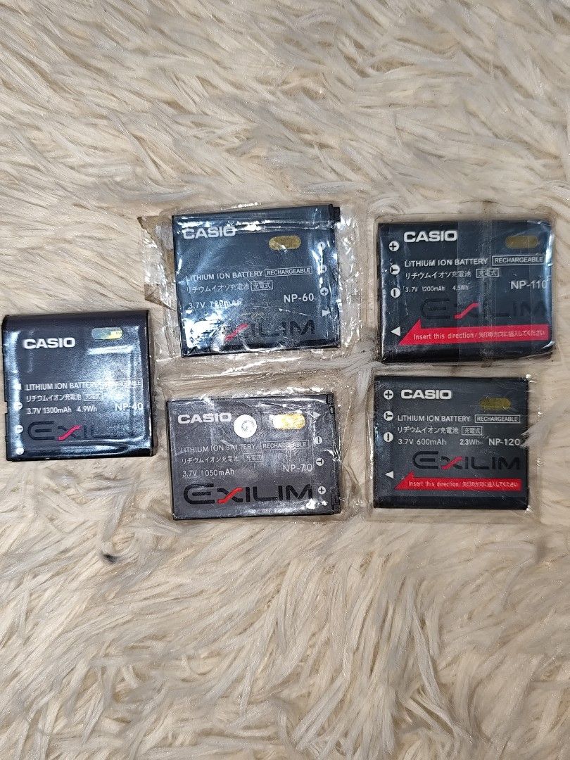 Casio Exilim NP Series Lithium Ion Batteries (Category: Batteries & Chargers) located in Marikina City. Submitted by seetheandburn (Listing ID 1469384949, Image 1). Description: Casio 2 NP-40 P300 2 NP-60 P300 1 NP-70 P300 3 NP-110 P350 1 NP-120 P350.