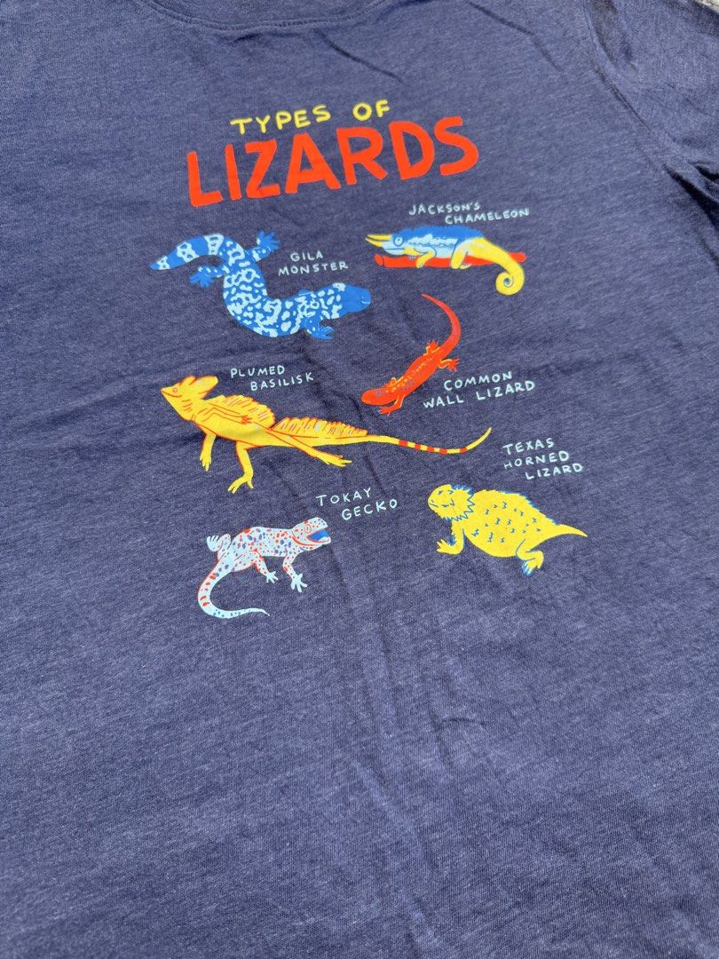 Cat & Jack Graphic T-Shirt (Category: Babies & Kids Fashion) located in Rizal. Submitted by preloovved (Listing ID 1469287055, Image 2). Description: T-shirt featuring a 'Types of Lizards' graphic with illustrations of 6 different reptiles. Made from soft cotton-blend with short sleeves and a crew neck. Perfect for young reptile lovers! Preloved, 7yo Meet-up only in GB1 San Mateo, Rizal Shipping fee c/o buyer. Tres Marias or J&T express Payment t