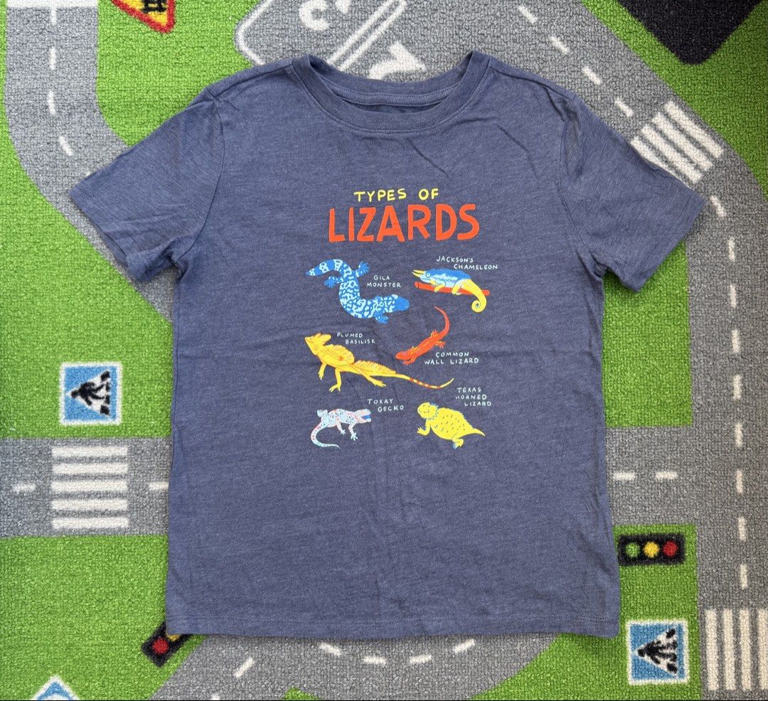 Cat & Jack Graphic T-Shirt (Category: Babies & Kids Fashion) located in Rizal. Submitted by preloovved (Listing ID 1469287055, Image 1). Description: T-shirt featuring a 'Types of Lizards' graphic with illustrations of 6 different reptiles. Made from soft cotton-blend with short sleeves and a crew neck. Perfect for young reptile lovers! Preloved, 7yo Meet-up only in GB1 San Mateo, Rizal Shipping fee c/o buyer. Tres Marias or J&T express Payment t