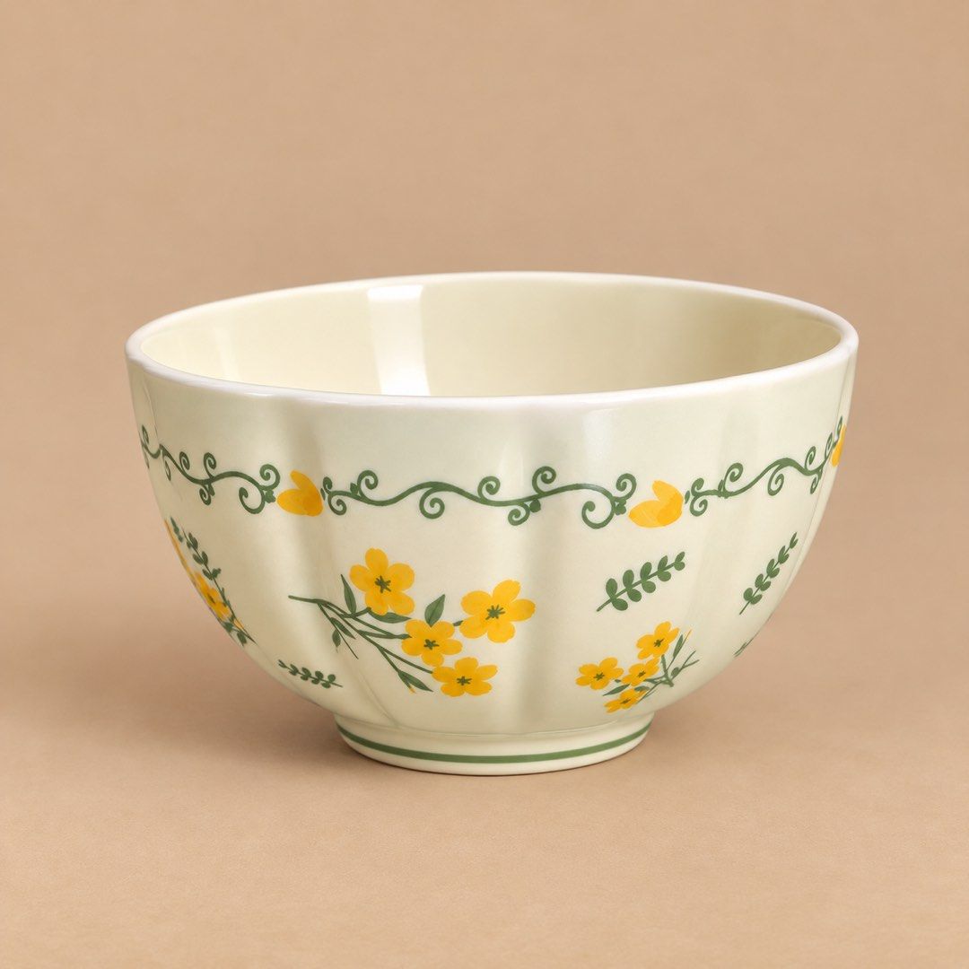 Ceramic bowl with yellow floral pattern (Category: Dinnerware & Cutlery) located in Manila. Submitted by amronby08 (Listing ID 1469387911, Image 1). Description: - Cream-coloured ceramic bowl with elegant fluted panels - Features delicate hand-painted yellow flowers and green leafy vines - Stylish green accent stripe near the base - Smooth and easy-to-clean glossy interior - Sturdy footed design for added stability.