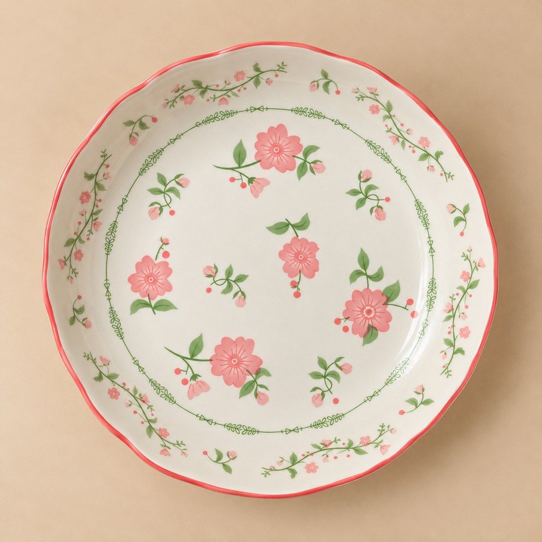 Ceramic floral serving plate (Category: Dinnerware & Cutlery) located in Manila. Submitted by amronby08 (Listing ID 1469387792, Image 1). Description: - ceramic plates with elegant scalloped rims - Floral designs: One features pink flowers with green vines, the other has yellow flowers with green leaves - Versatile deep dish design, ideal for pasta, salads, or main courses - Beautiful smooth, glossy finish - Flawless condition: Clean surfaces wit
