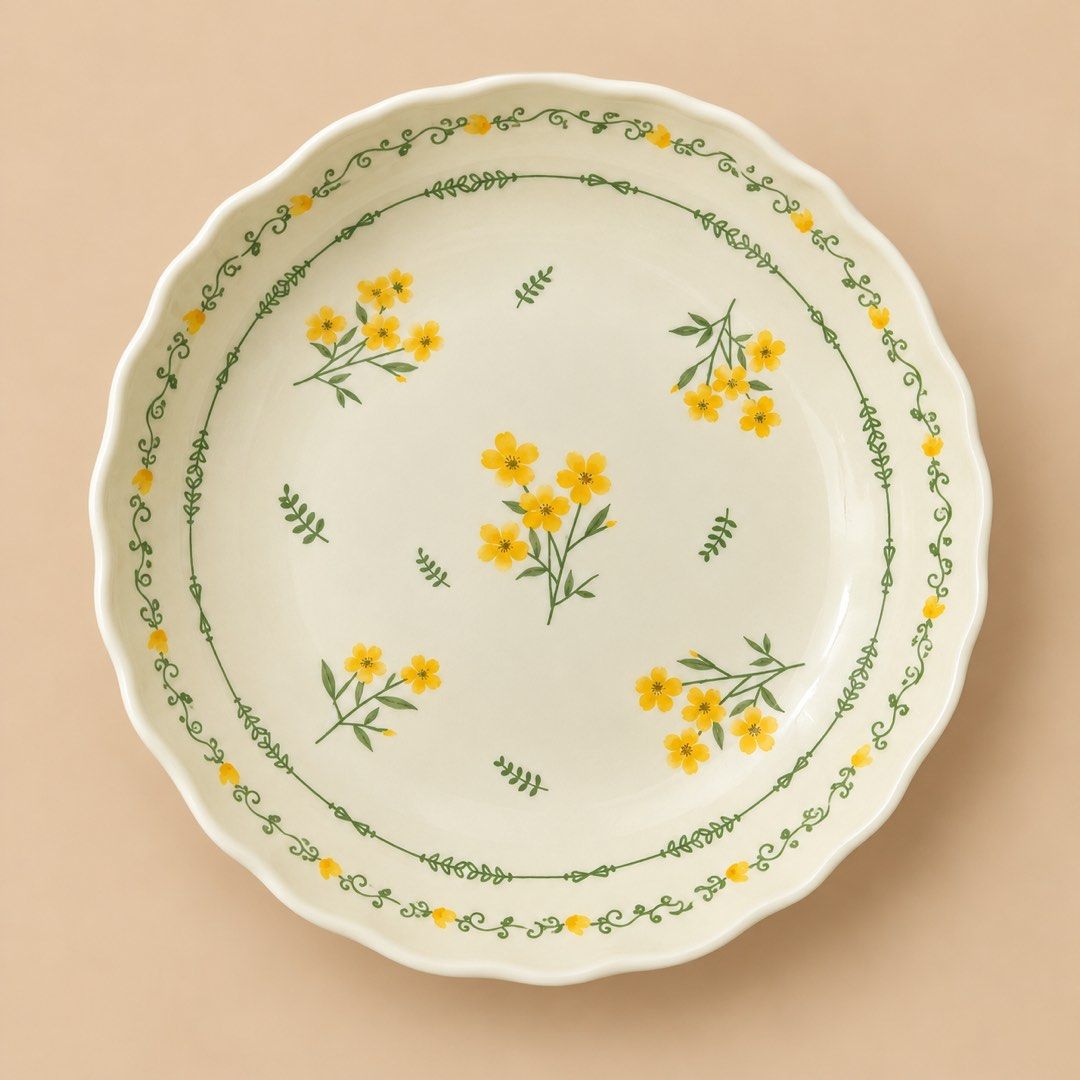 Ceramic floral serving plate (Category: Dinnerware & Cutlery) located in Manila. Submitted by amronby08 (Listing ID 1469387792, Image 2). Description: - ceramic plates with elegant scalloped rims - Floral designs: One features pink flowers with green vines, the other has yellow flowers with green leaves - Versatile deep dish design, ideal for pasta, salads, or main courses - Beautiful smooth, glossy finish - Flawless condition: Clean surfaces wit