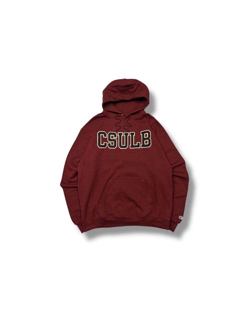 Champion CSULB Maroon Hoodie Size L (Category: Hoodies) located in Cainta. Submitted by rizalthriftstuff (Listing ID 1469317201, Image 1). Description: Champ CSULB Hoodie Fave 🔥🔥🔥 Dimes Size: L Width: 23 Length: 27 Color Rate: 10 Condition: 9 No Issue Mine - ₱800 - Brand: Champion - Color: Maroon - Design: CSULB appliquéd across the chest - Size: Large - Features: Drawstring hood, front kangaroo pocket, ribbed cuffs - Details: Iconic embroider