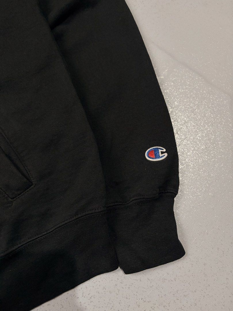 Champion Eco Authentic Black Quarter Zip Sweatshirt (Category: Coats, Jackets and Outerwear) located in Cainta. Submitted by rizalthriftstuff (Listing ID 1469318054, Image 3). Description: Cham QZip Dimes Size: L Width: 24 Length: 27 Color Rate: 9 Condition: 7 Issue: Lints and Paint Chips Mine - ₱300 - Brand: Champion Eco - Style: Quarter zip sweatshirt - Color: Solid black - Size: Large - Details: Front zipper with metal pull, double front welt 