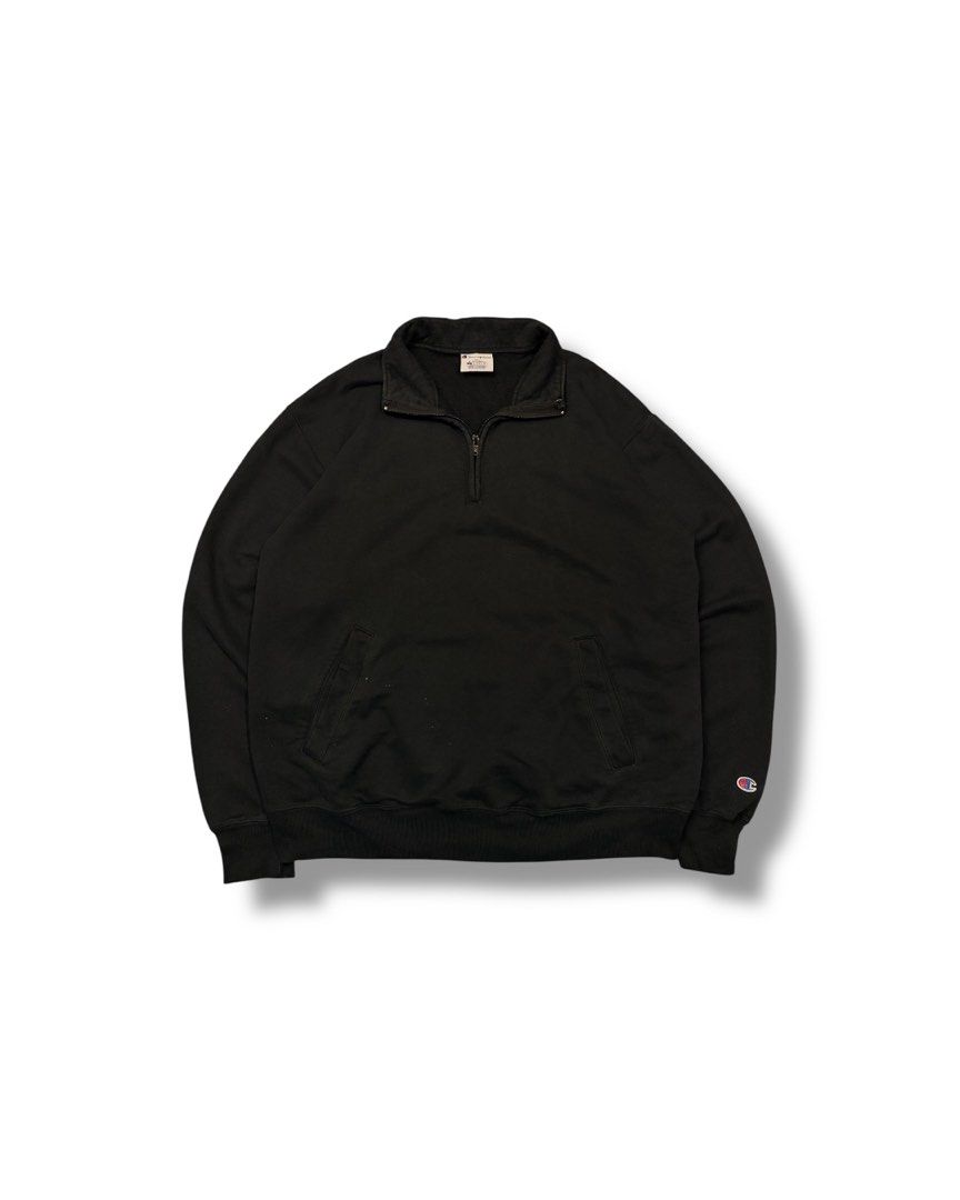 Champion Eco Authentic Black Quarter Zip Sweatshirt (Category: Coats, Jackets and Outerwear) located in Cainta. Submitted by rizalthriftstuff (Listing ID 1469318054, Image 1). Description: Cham QZip Dimes Size: L Width: 24 Length: 27 Color Rate: 9 Condition: 7 Issue: Lints and Paint Chips Mine - ₱300 - Brand: Champion Eco - Style: Quarter zip sweatshirt - Color: Solid black - Size: Large - Details: Front zipper with metal pull, double front welt 