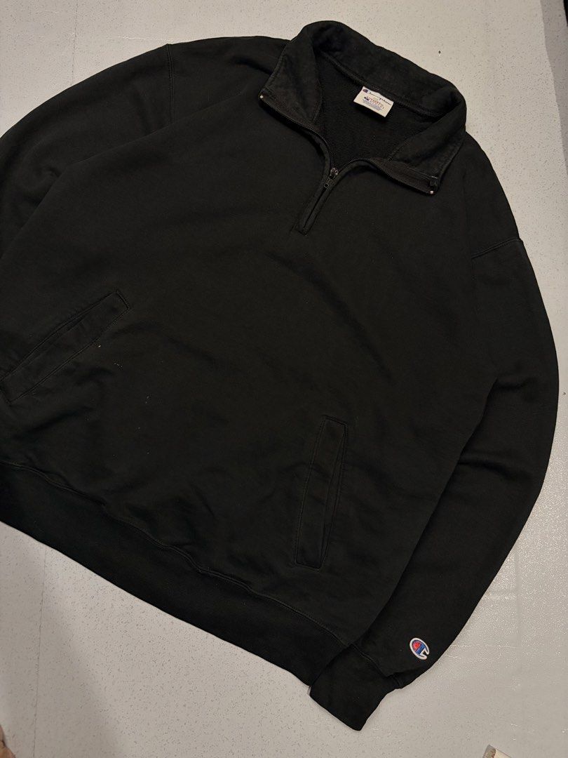 Champion Eco Authentic Black Quarter Zip Sweatshirt (Category: Coats, Jackets and Outerwear) located in Cainta. Submitted by rizalthriftstuff (Listing ID 1469318054, Image 2). Description: Cham QZip Dimes Size: L Width: 24 Length: 27 Color Rate: 9 Condition: 7 Issue: Lints and Paint Chips Mine - ₱300 - Brand: Champion Eco - Style: Quarter zip sweatshirt - Color: Solid black - Size: Large - Details: Front zipper with metal pull, double front welt 