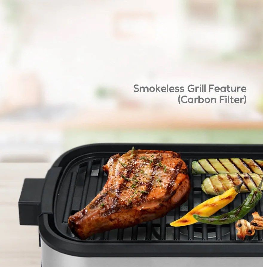 Cherry Easy Smokeless BBQ Grill GR100 Silver (Category: BBQ, Grills & Hotpots) located in Quezon City. Submitted by bravehorse_f1f6d5 (Listing ID 1469279804, Image 2). Description: - Brand: Cherry Easy - Model: GR100 Smokeless BBQ Grill - Color: Silver - Weight: 2.45kg - Power: 220-240V, 60Hz - Materials: PET, stainless steel, and die-cast aluminum plate - Dimensions: 440 x 260 x 100mm - Condition: Brand new, factory-sealed, unopened box - Inclus