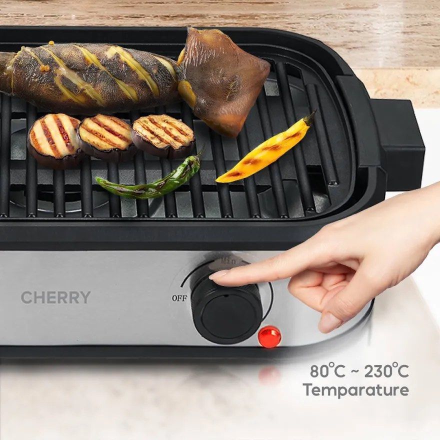 Cherry Easy Smokeless BBQ Grill GR100 Silver (Category: BBQ, Grills & Hotpots) located in Quezon City. Submitted by bravehorse_f1f6d5 (Listing ID 1469279804, Image 3). Description: - Brand: Cherry Easy - Model: GR100 Smokeless BBQ Grill - Color: Silver - Weight: 2.45kg - Power: 220-240V, 60Hz - Materials: PET, stainless steel, and die-cast aluminum plate - Dimensions: 440 x 260 x 100mm - Condition: Brand new, factory-sealed, unopened box - Inclus