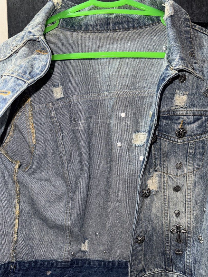 Chrome Hearts Denim Jacket (Category: Coats, Jackets and Outerwear) located in Roxas City. Submitted by yanskiezco (Listing ID 1469180798, Image 3). Description: Item: Chrome Hearts Distressed Silver-Studded Denim Trucker Jacket Brand: Chrome Hearts (RN# 95024) Material: 100% Cotton Size: Large (L) Origin: Made in U.S.A. Features: Light-wash, acid-distressed denim fabric featuring intentional distressing and frayed teardown tears. Signature Chrom