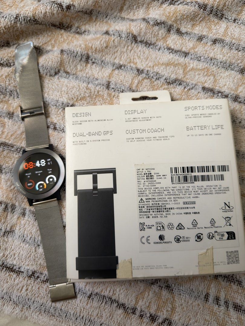 CMF Watch 3 Pro (Black Version) (Category: Wearables & Smart Watches) located in Pasig City. Submitted by jjj_26 (Listing ID 1469165583, Image 1). Description: Details can be found in this links: https://ph.nothing.tech/products/cmf-watch-3-pro?Colour=Light+Green Includes the box, lighting cord and strap (not original anymore), manual. Meet up within Manila Thank you!.