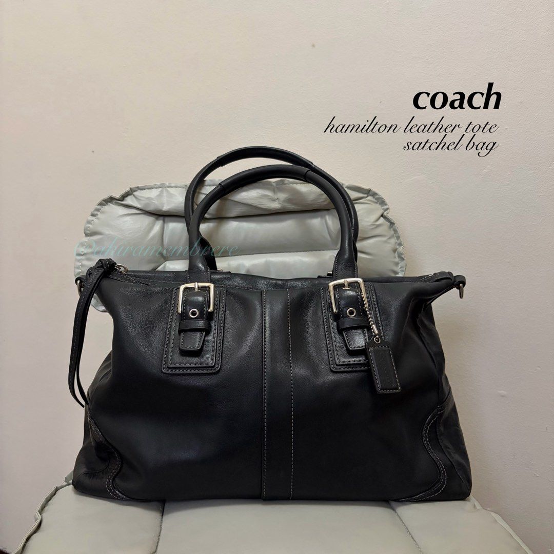 Coach Hamilton Leather Tote Satchel Bag (Category: Luxury Bags & Wallets) located in Silang. Submitted by akirapsi (Listing ID 1469185194, Image 1). Description: size: can fit up to 13-inch laptop condition: no major issues! leather is in good condition, no rubs. has pen marks inside 💌shipping via j&t and lalamove 📍silang cavite dm for more detailed pics and vid.