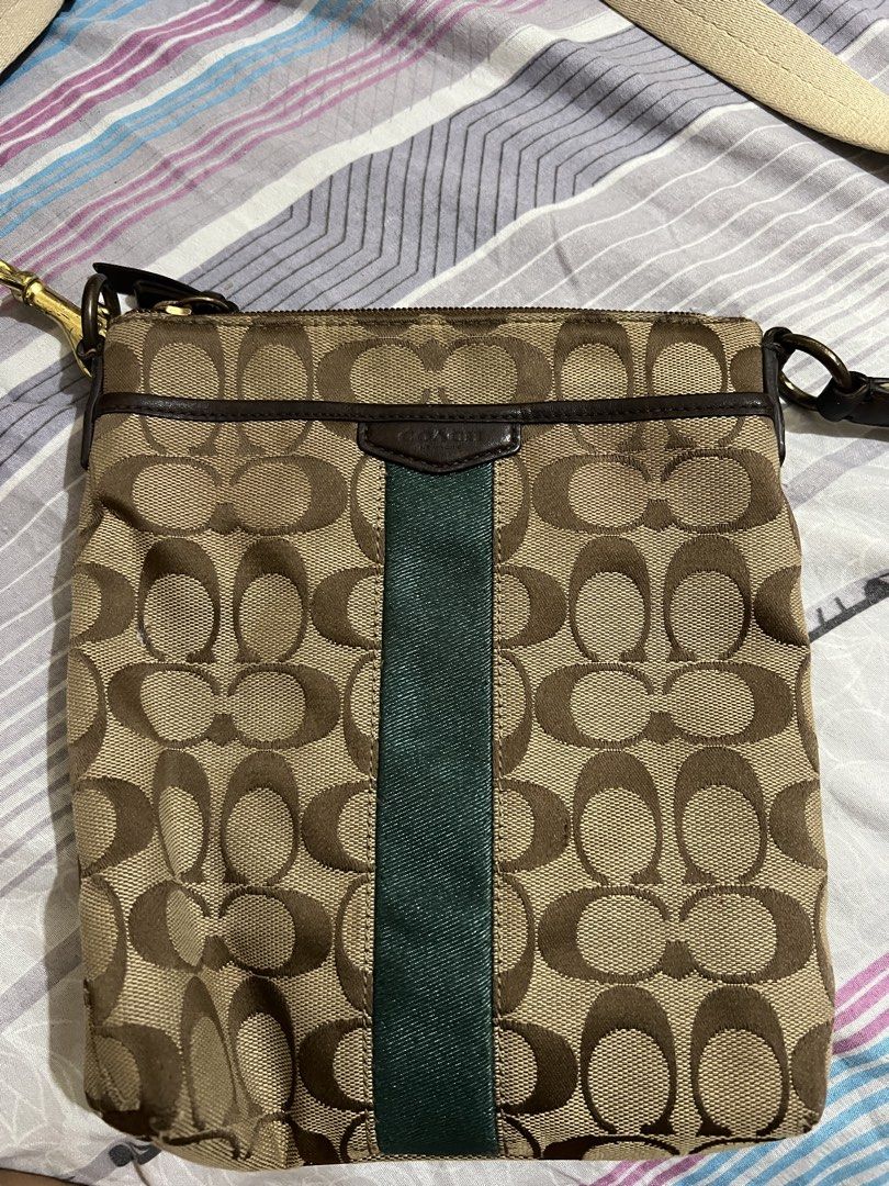 Coach sling bag brown (Category: Luxury Bags & Wallets) located in Navotas City. Submitted by maxspreloved (Listing ID 1469186293, Image 2). Description: Coach crossbody bag beige/brown Authentic from the US Condition: 7/10 (needs cleaning, but no leather cracks) RFS: decluttering.