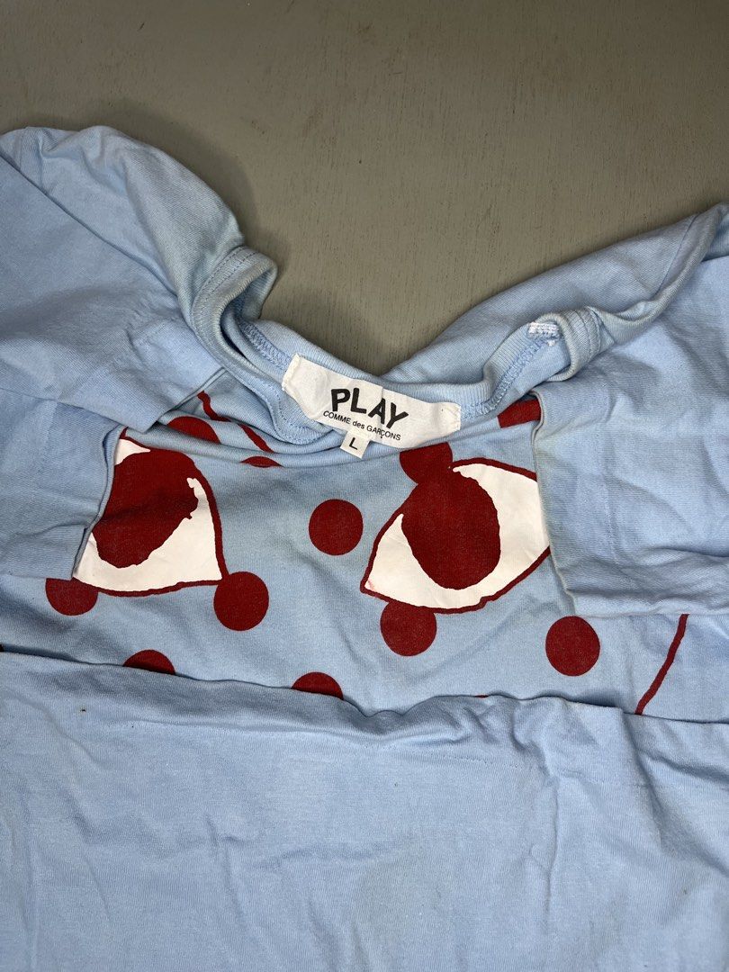 Comme des Garçons PLAY Big Dot (Category: Luxury Apparel) located in Catbalogan. Submitted by wayndsyclee. (Listing ID 1469328802, Image 3). Description: Comme des Garçons PLAY Big Dot / Pastelle Polka Dot Heart T-Shirt in blue EXCELLENT NO ISSUE NEED WASH COLOR RATE 9/10 Dimes:W20/L27.