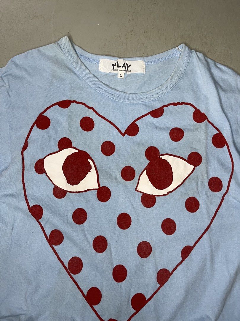 Comme des Garçons PLAY Big Dot (Category: Luxury Apparel) located in Catbalogan. Submitted by wayndsyclee. (Listing ID 1469328802, Image 2). Description: Comme des Garçons PLAY Big Dot / Pastelle Polka Dot Heart T-Shirt in blue EXCELLENT NO ISSUE NEED WASH COLOR RATE 9/10 Dimes:W20/L27.