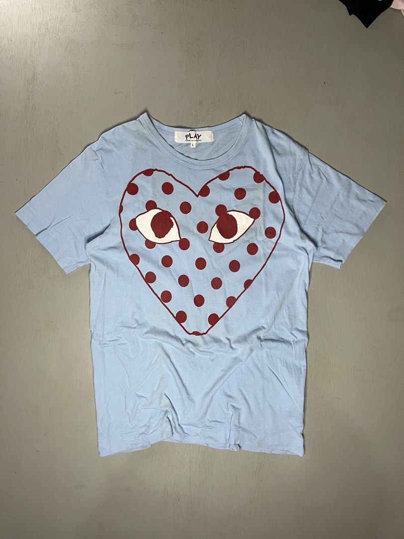 Comme des Garçons PLAY Big Dot (Category: Luxury Apparel) located in Catbalogan. Submitted by wayndsyclee. (Listing ID 1469328802, Image 1). Description: Comme des Garçons PLAY Big Dot / Pastelle Polka Dot Heart T-Shirt in blue EXCELLENT NO ISSUE NEED WASH COLOR RATE 9/10 Dimes:W20/L27.