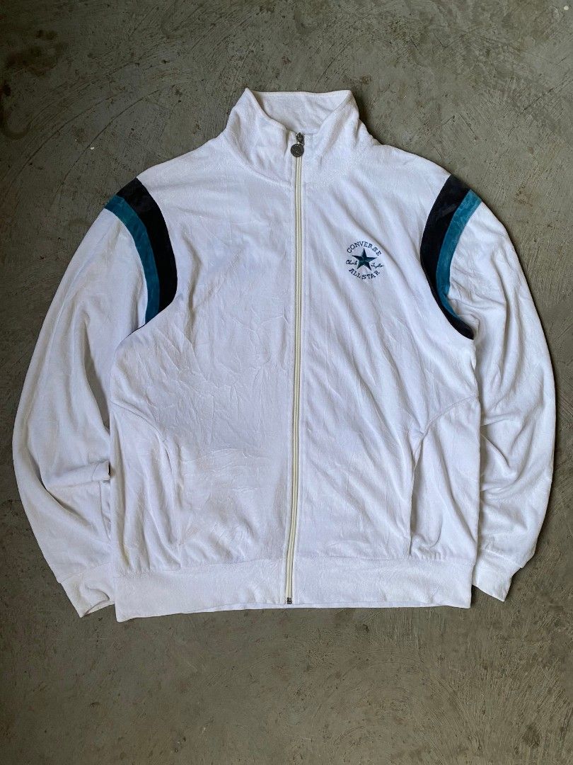 Converse All Star Velour Track Jacket White Size 2XL (Category: Coats, Jackets and Outerwear) located in Real. Submitted by koymiksbuynsell (Listing ID 1469265481, Image 1). Description: 22 width 27.5 length .