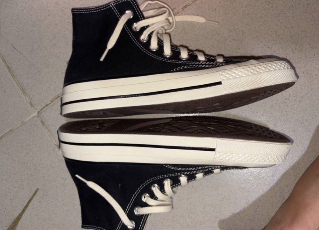 Converse Chuck 70 Hi Black Egret (Category: Sneakers) located in Malolos. Submitted by manahanaj58 (Listing ID 1469283925, Image 2). Description: Converse Chuck 70 High Top in Black/Black/Egret. Size Men 6.5 / Women 8.5 (UK 6.5, EUR 39.5, 25cm). Model 162050C. Classic canvas upper with rubber toe cap and higher rubber taping. Cushioned OrthoLite insole. Original box included..